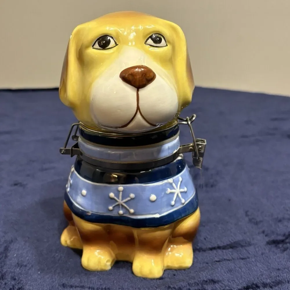 Boston Warehouse Ceramic Dog Treat Jar - Yellow Dog, Snowflake Holiday Motif